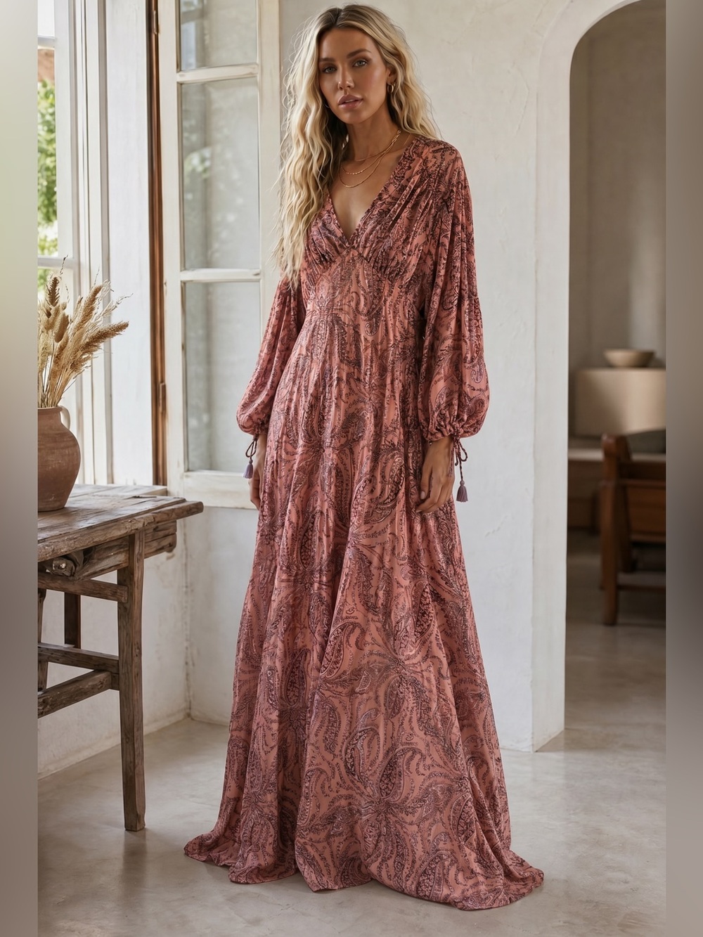 Free people Boho Paisley V-Neck Maxi Dress in Dusty Rose
